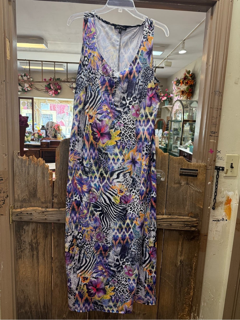 Slinky Brand Sleeveless Maxi Dress in Purple, Yellow, Black & White
